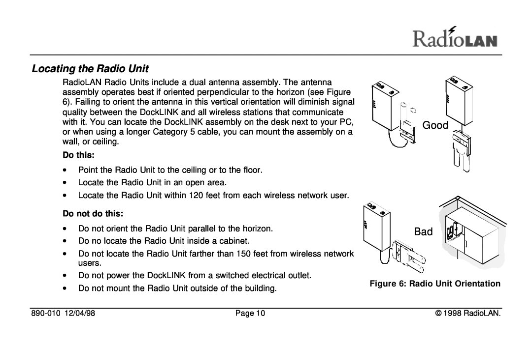 RadioLAN DockLINK manual Locating the Radio Unit, Good Bad, Do this, Do not do this, Radio Unit Orientation 