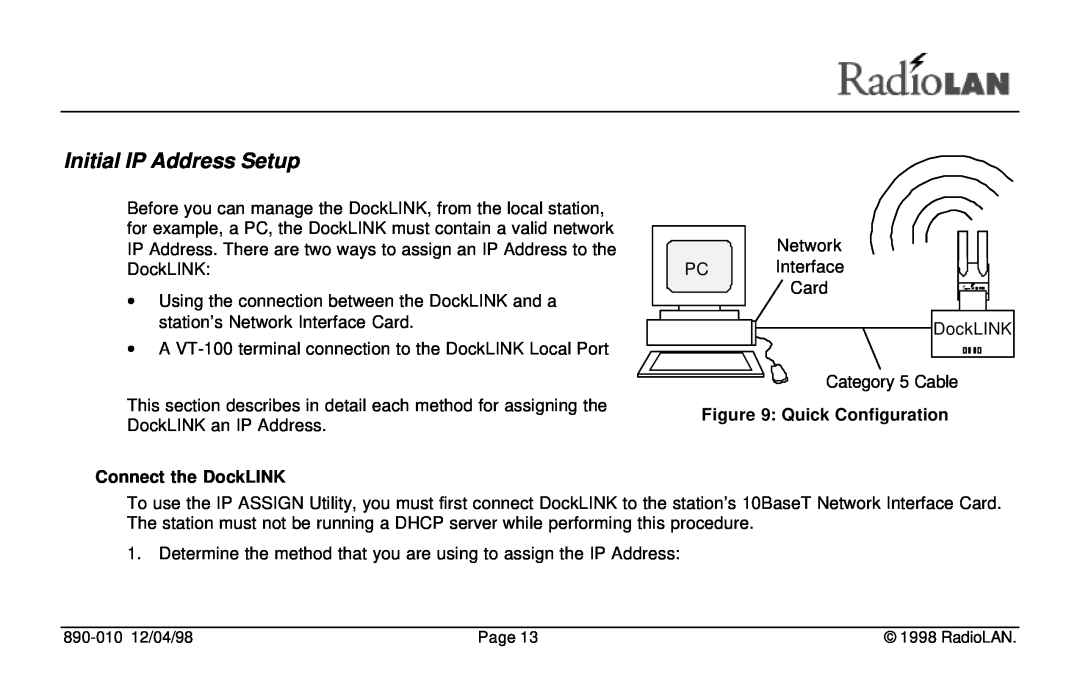 RadioLAN manual Initial IP Address Setup, Connect the DockLINK, Quick Configuration 