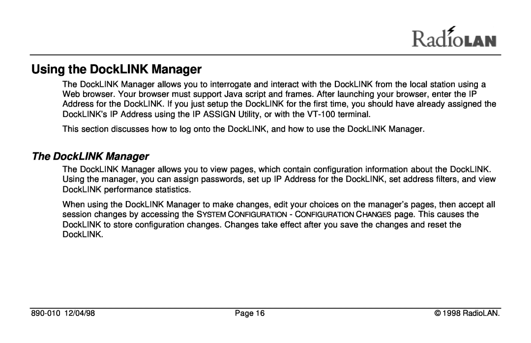 RadioLAN manual Using the DockLINK Manager, The DockLINK Manager 