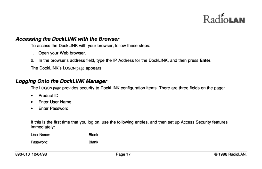 RadioLAN manual Accessing the DockLINK with the Browser, Logging Onto the DockLINK Manager, User Name, PasswordBlank 