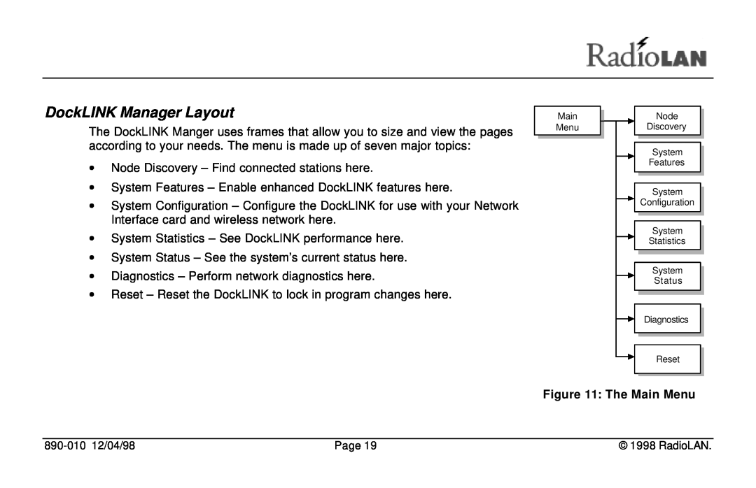 RadioLAN manual DockLINK Manager Layout, The Main Menu 