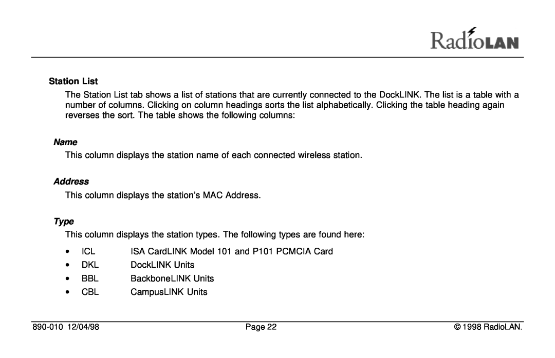 RadioLAN DockLINK manual Station List, Name, Address, Type 