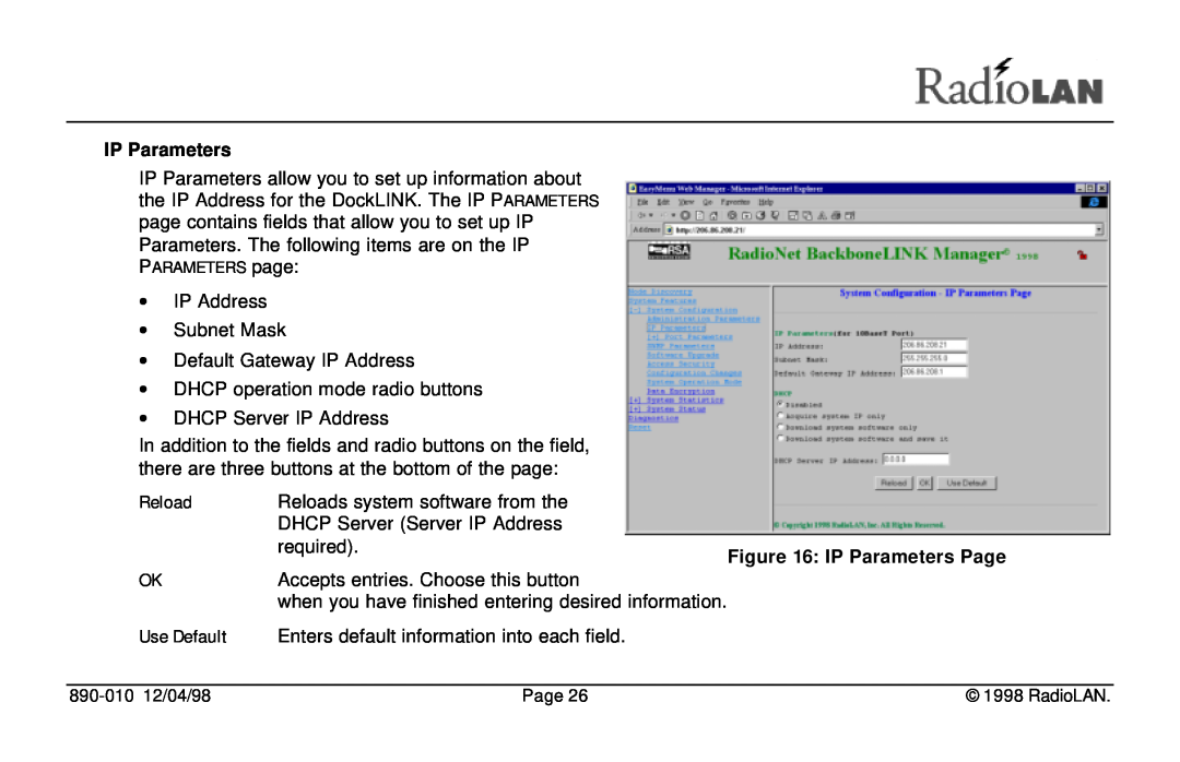 RadioLAN DockLINK manual IP Parameters, Reload, Use Default 