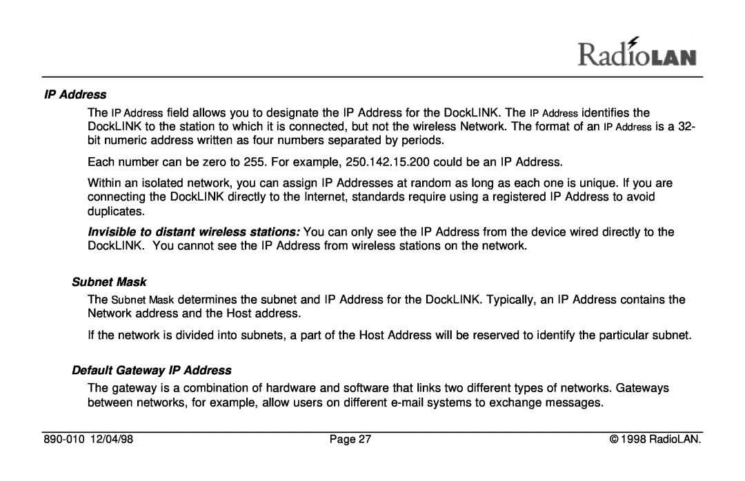 RadioLAN DockLINK manual Subnet Mask, Default Gateway IP Address 