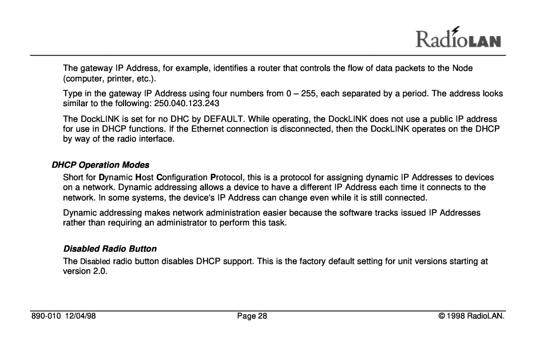 RadioLAN DockLINK manual DHCP Operation Modes, Disabled Radio Button 