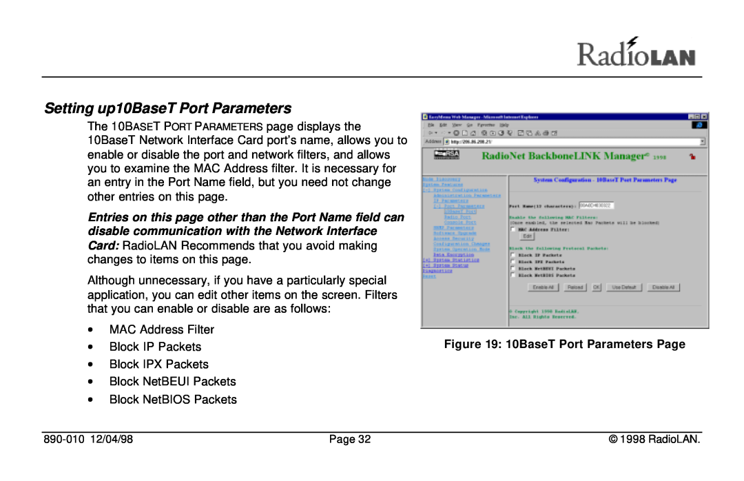 RadioLAN DockLINK manual Setting up10BaseT Port Parameters, 10BaseT Port Parameters Page 
