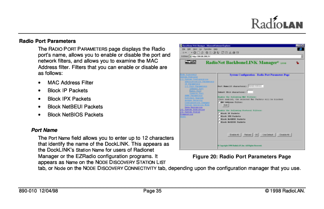 RadioLAN DockLINK manual Radio Port Parameters, Port Name 