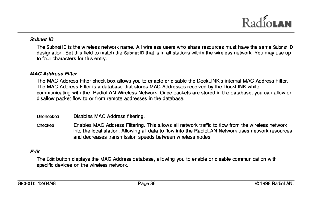 RadioLAN DockLINK manual Subnet ID, MAC Address Filter, Unchecked Disables MAC Address filtering, Edit 
