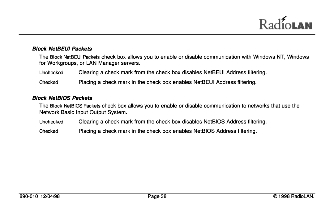 RadioLAN DockLINK manual Block NetBEUI Packets, Block NetBIOS Packets, 890-010 12/04/98, Page 