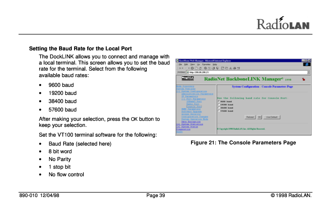 RadioLAN DockLINK manual Setting the Baud Rate for the Local Port, The Console Parameters Page 