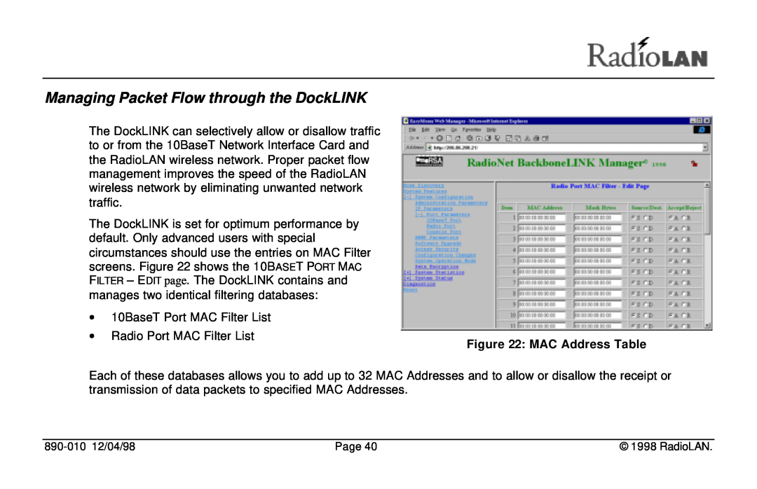 RadioLAN manual Managing Packet Flow through the DockLINK, MAC Address Table 