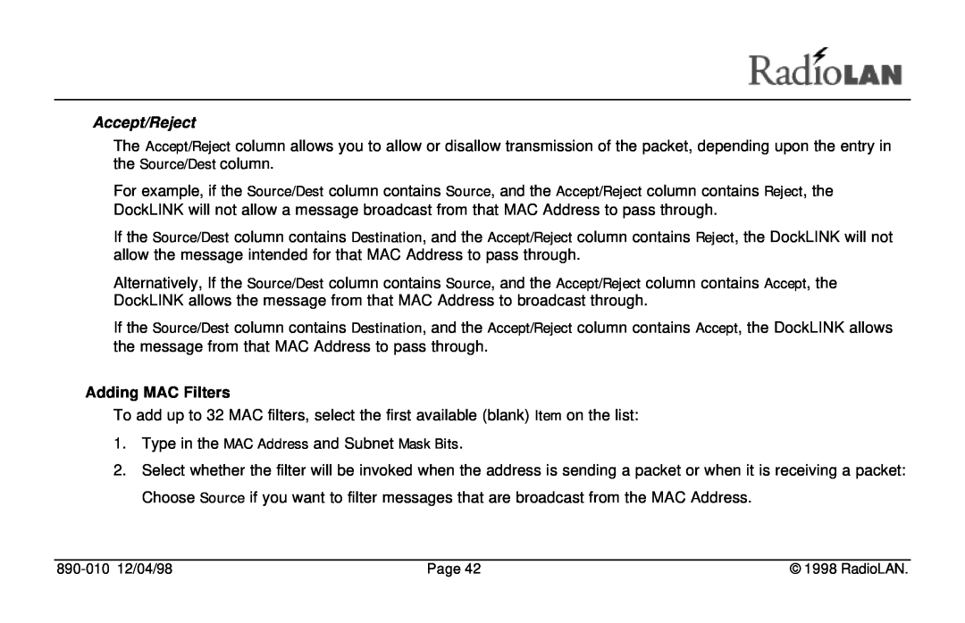 RadioLAN DockLINK manual Accept/Reject, Adding MAC Filters 