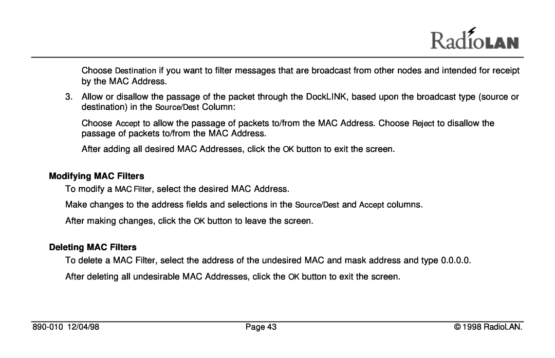 RadioLAN DockLINK manual Modifying MAC Filters, Deleting MAC Filters 