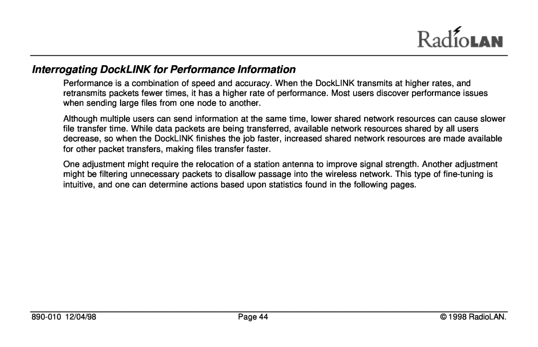 RadioLAN manual Interrogating DockLINK for Performance Information 