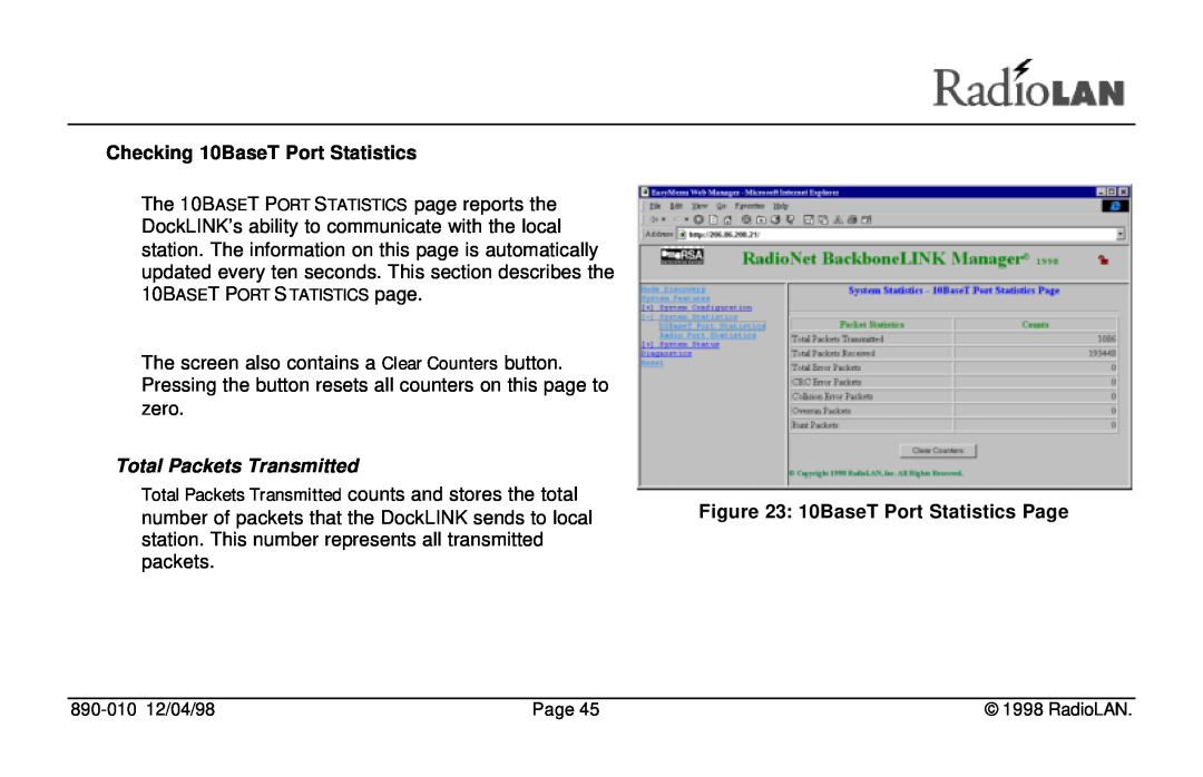RadioLAN DockLINK manual Checking 10BaseT Port Statistics, Total Packets Transmitted, 10BaseT Port Statistics Page 