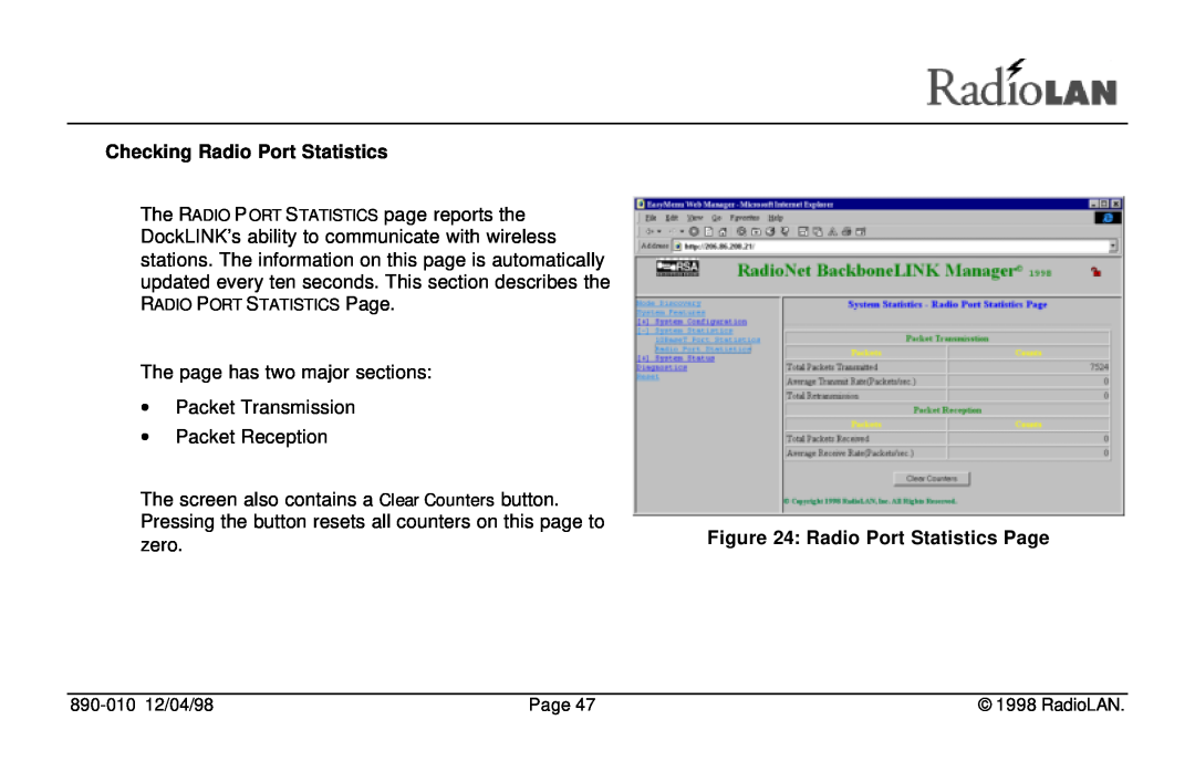 RadioLAN DockLINK manual Checking Radio Port Statistics, The page has two major sections ∙ Packet Transmission, zero, Page 