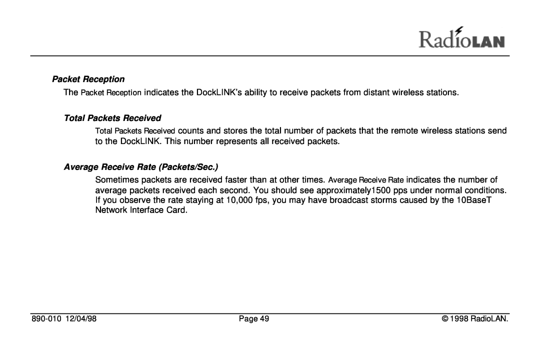RadioLAN DockLINK manual Packet Reception, Total Packets Received, Average Receive Rate Packets/Sec 