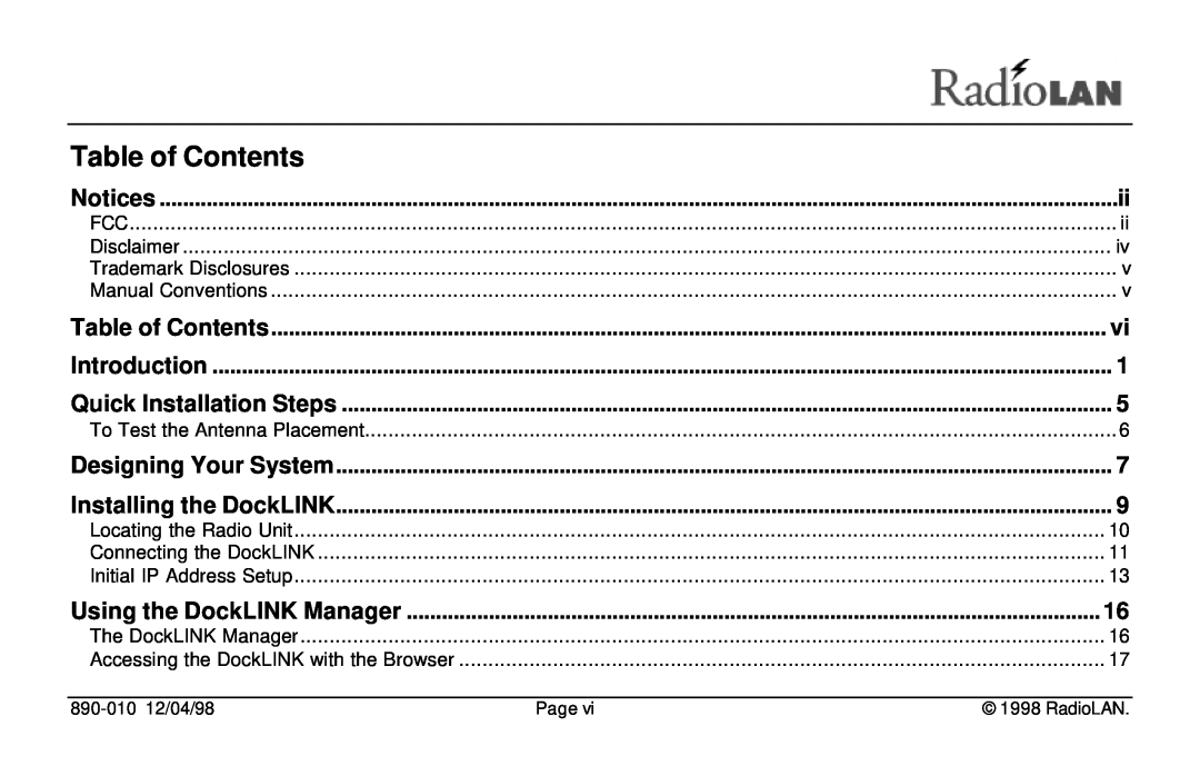 RadioLAN Table of Contents, Using the DockLINK Manager, Introduction, Quick Installation Steps, Designing Your System 
