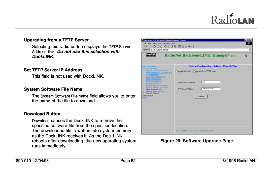 RadioLAN manual Upgrading from a TFTP Server, Address field. Do not use this selection with DockLINK, Download Button 