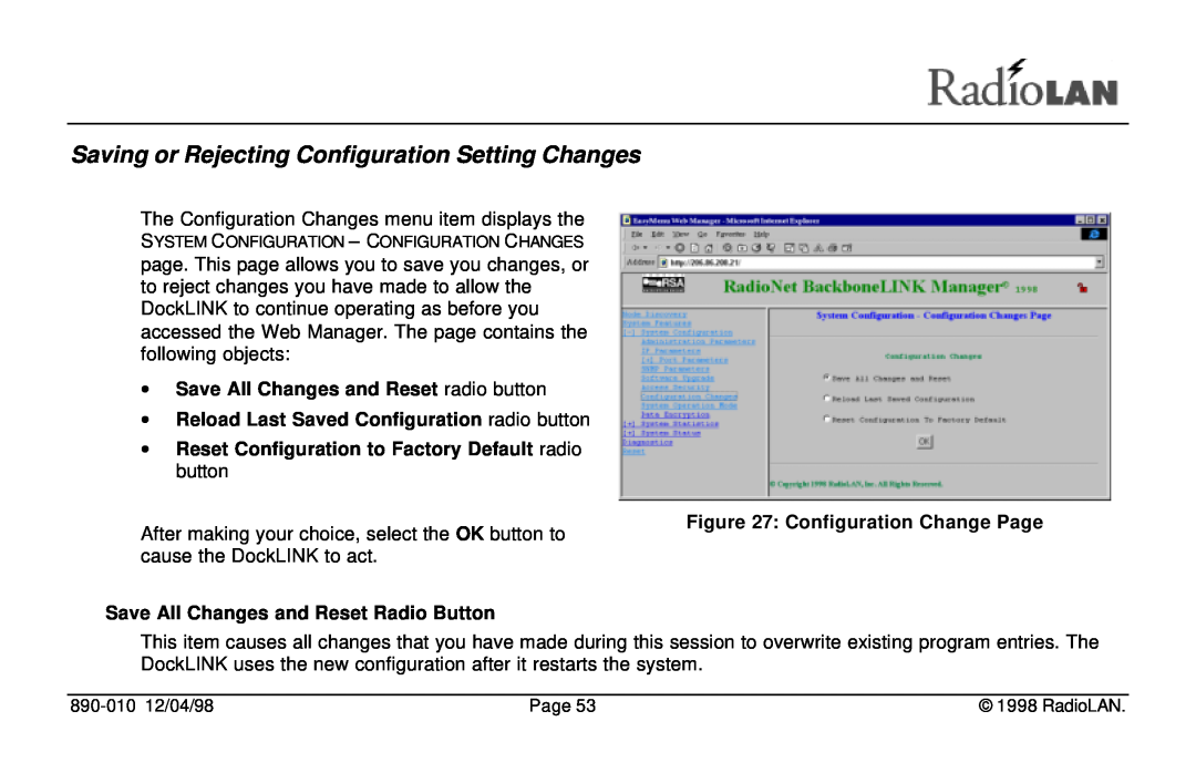 RadioLAN DockLINK manual Saving or Rejecting Configuration Setting Changes, ∙ Save All Changes and Reset radio button 