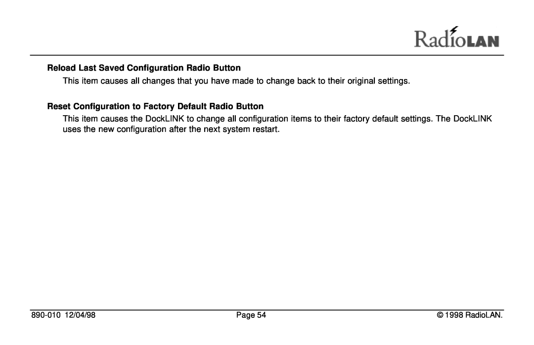 RadioLAN DockLINK manual Reload Last Saved Configuration Radio Button, Reset Configuration to Factory Default Radio Button 