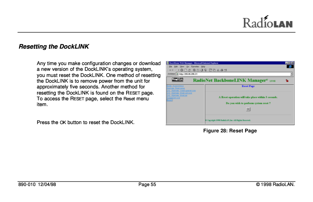 RadioLAN manual Resetting the DockLINK, Reset Page 