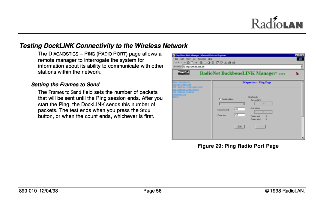 RadioLAN manual Testing DockLINK Connectivity to the Wireless Network, Setting the Frames to Send, Ping Radio Port Page 
