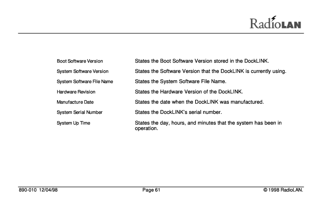 RadioLAN DockLINK manual Boot Software Version, System Software Version, System Software File Name, Hardware Revision 
