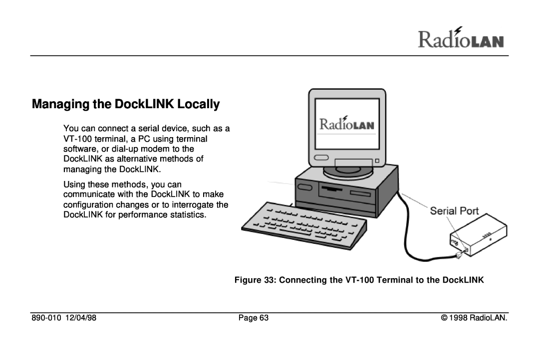 RadioLAN manual Managing the DockLINK Locally, Connecting the VT-100 Terminal to the DockLINK 