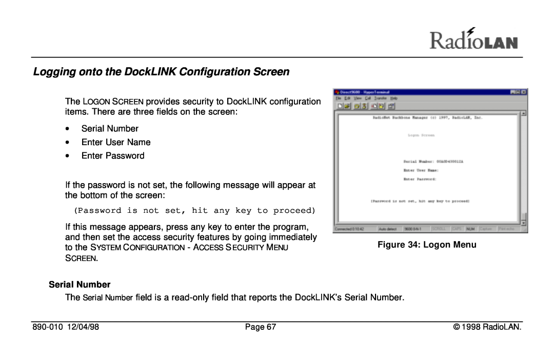 RadioLAN manual Logging onto the DockLINK Configuration Screen, Serial Number 