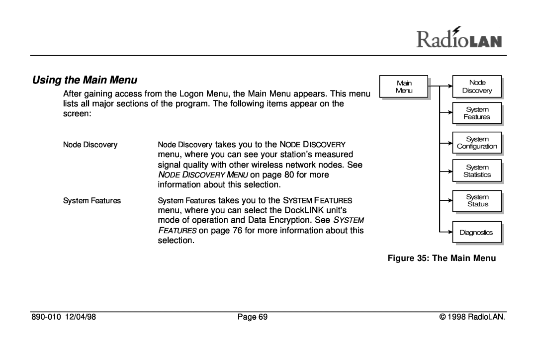 RadioLAN DockLINK manual Using the Main Menu, Node Discovery, System Features, The Main Menu 