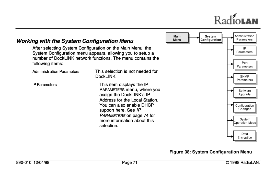RadioLAN DockLINK manual Working with the System Configuration Menu, Administration Parameters, IP Parameters 