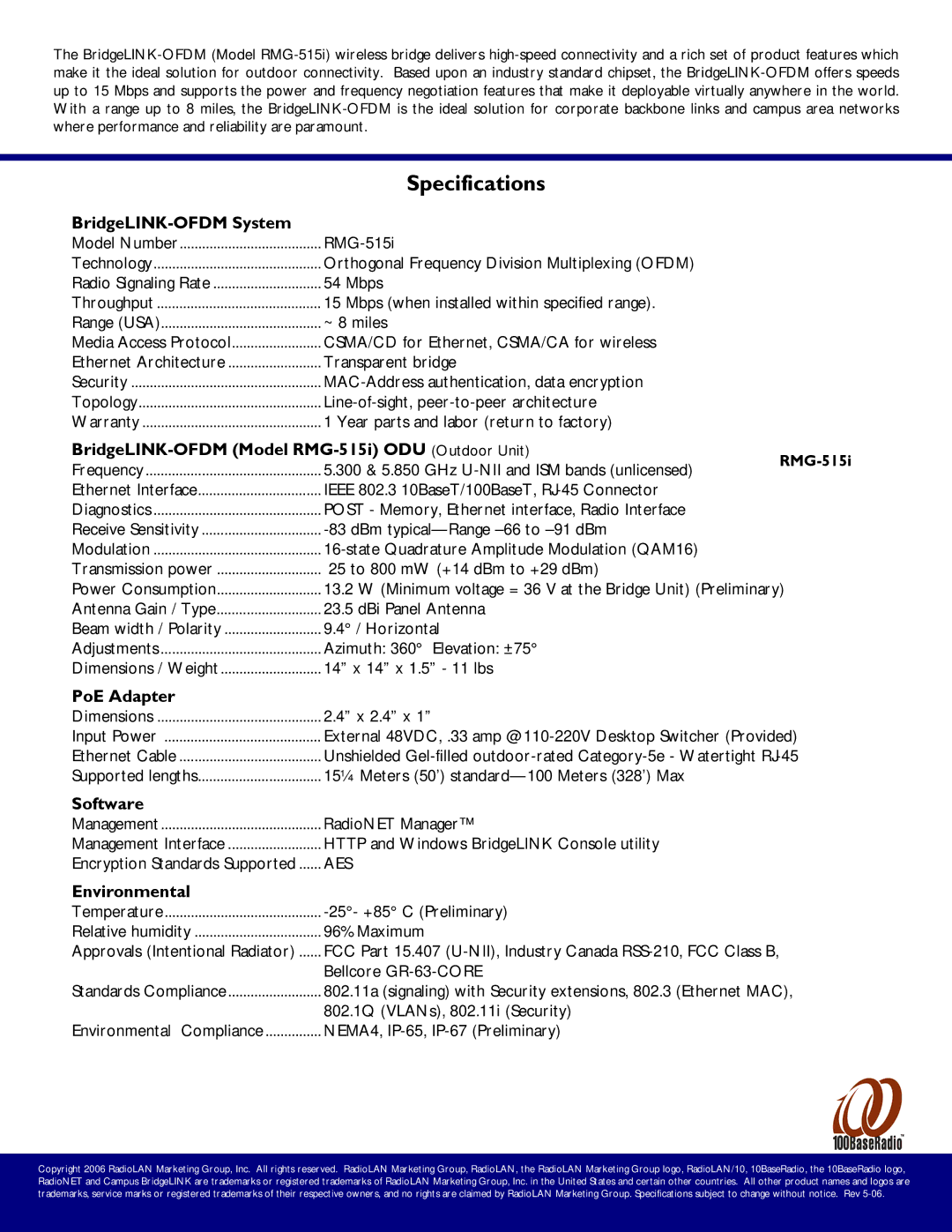 RadioLAN RMG-515I manual BridgeLINK-OFDM System, BridgeLINK-OFDM Model RMG-515i ODU Outdoor Unit, PoE Adapter, Software 