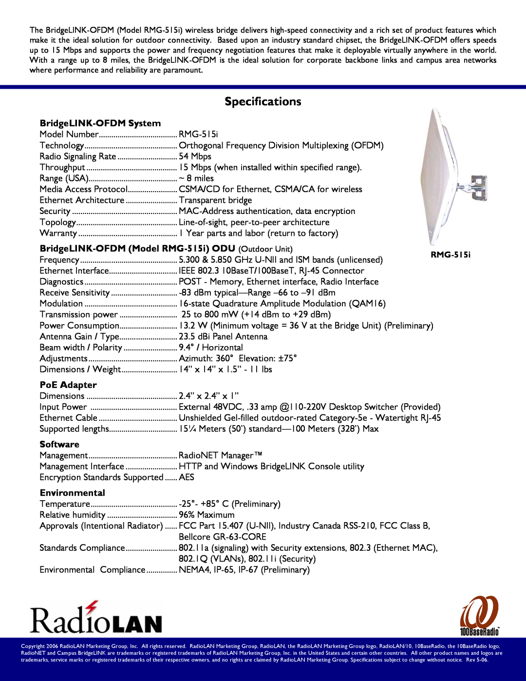 RadioLAN RMG-515I Specifications, BridgeLINK-OFDM System, BridgeLINK-OFDM Model RMG-515i ODU Outdoor Unit, PoE Adapter 