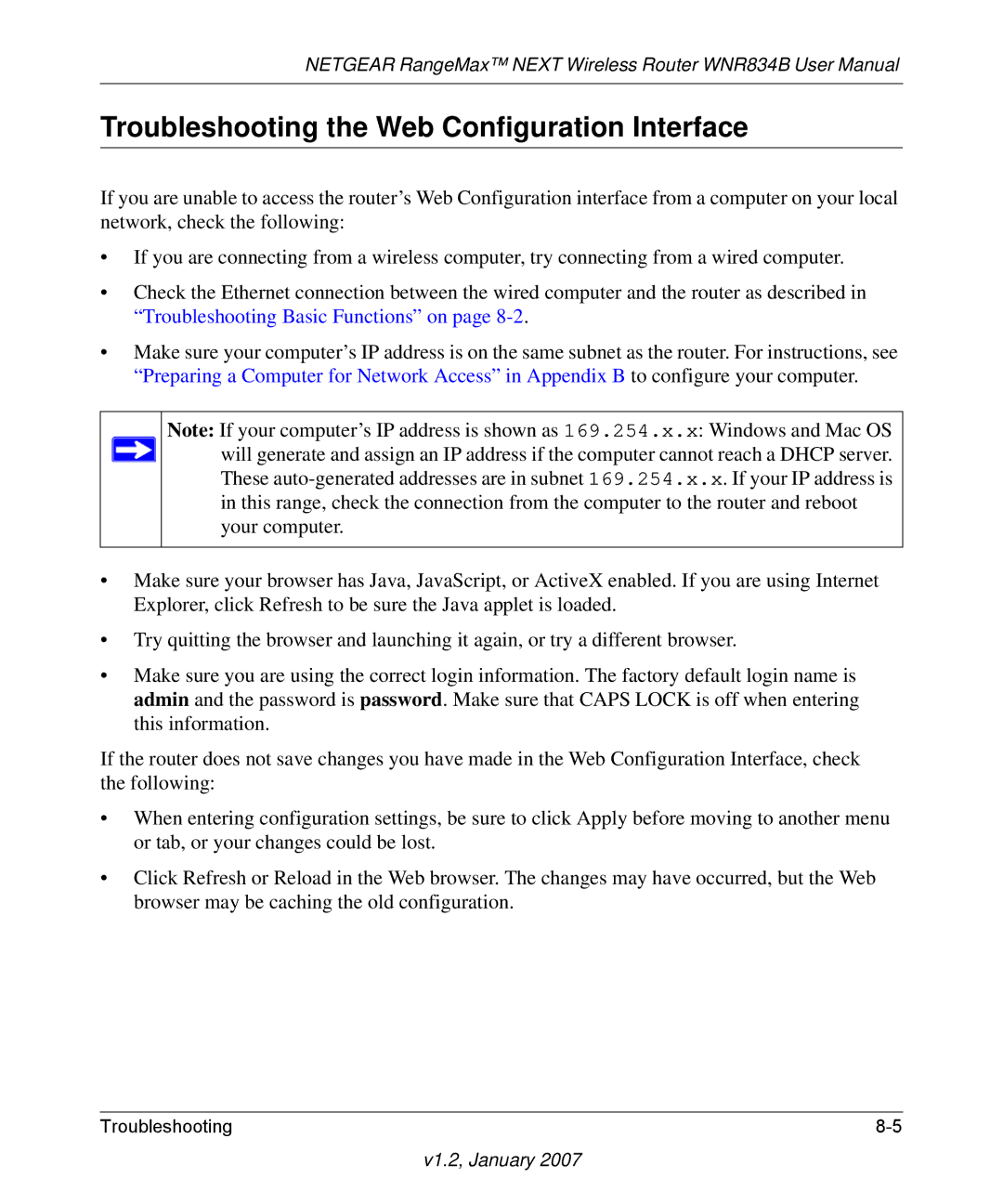 RadioLAN WNR834B user manual Troubleshooting the Web Configuration Interface 