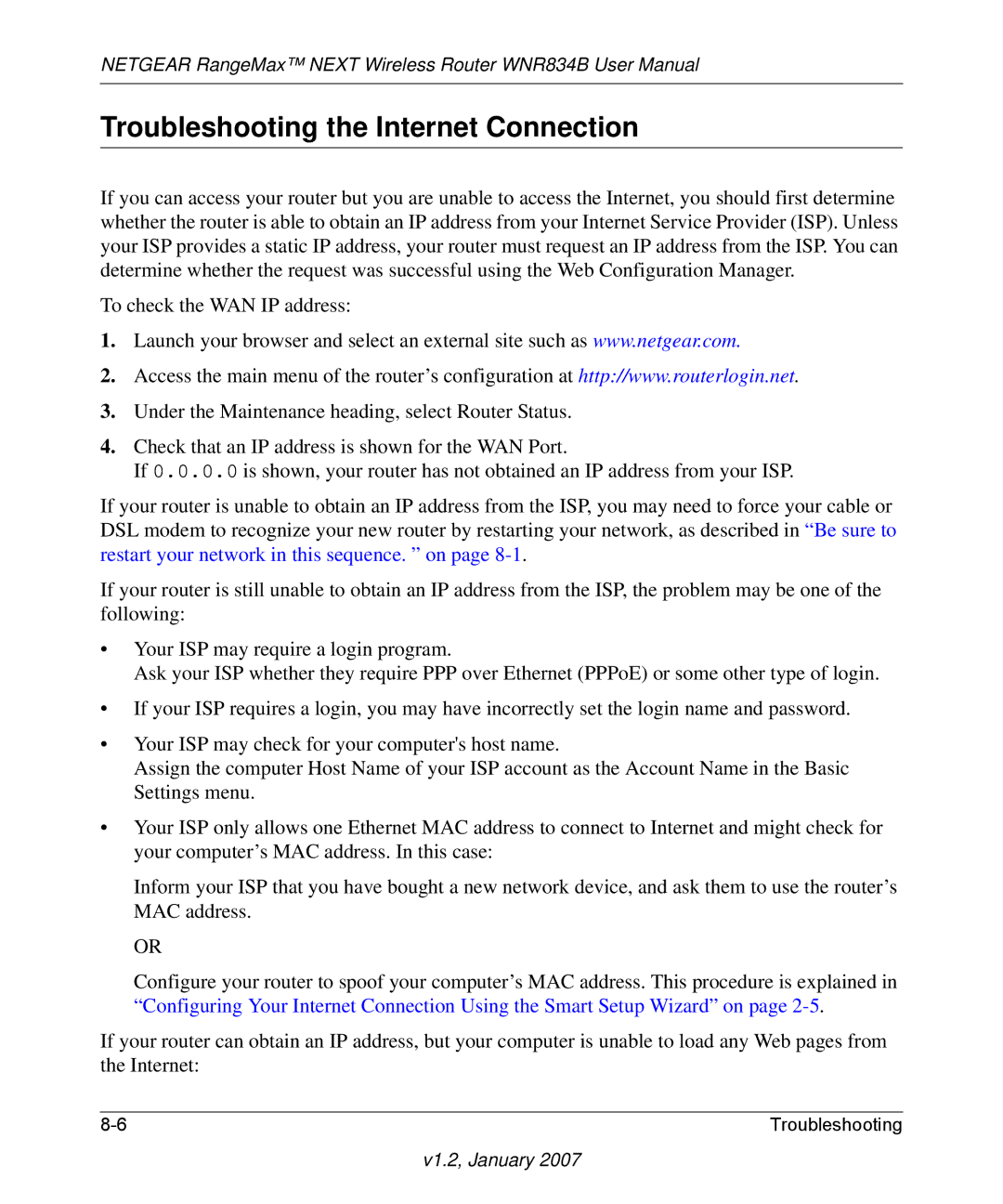 RadioLAN WNR834B user manual Troubleshooting the Internet Connection 