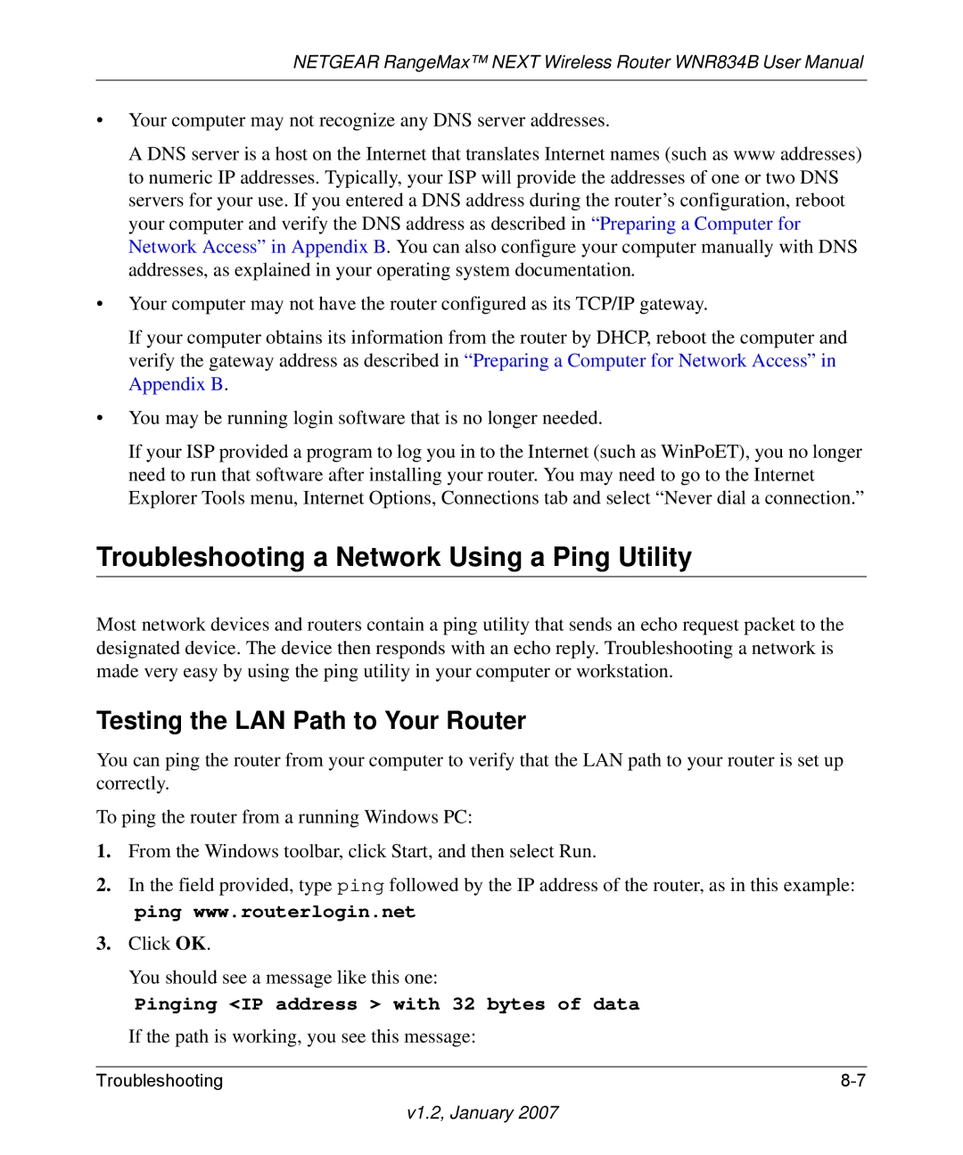 RadioLAN WNR834B user manual Troubleshooting a Network Using a Ping Utility, Testing the LAN Path to Your Router 