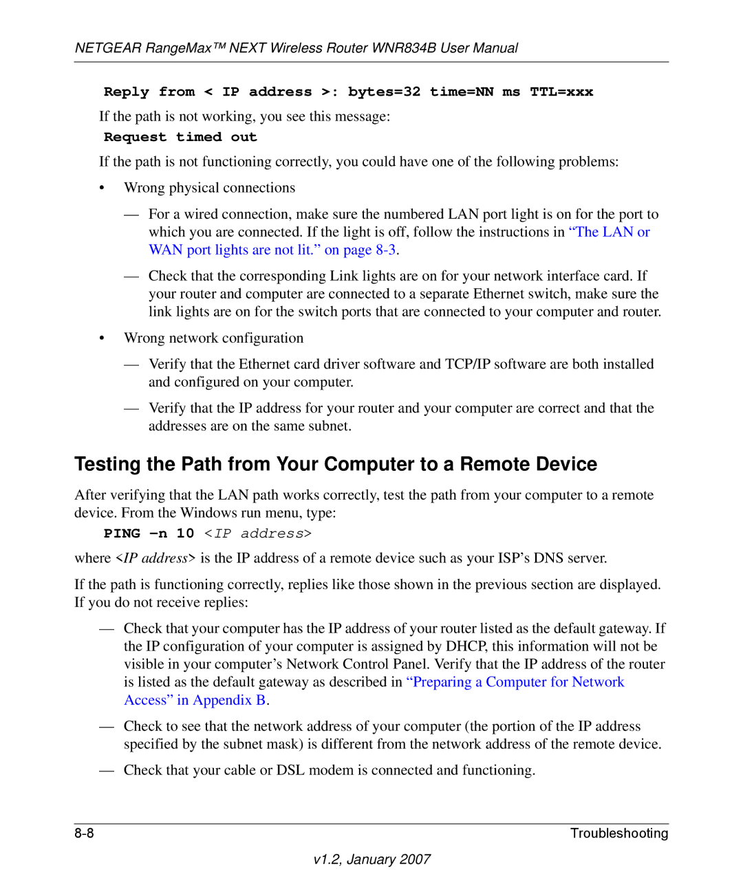 RadioLAN WNR834B user manual Testing the Path from Your Computer to a Remote Device, Request timed out 