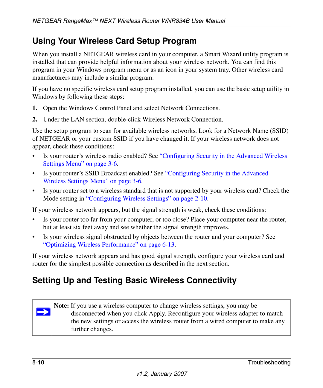 RadioLAN WNR834B user manual Using Your Wireless Card Setup Program, Setting Up and Testing Basic Wireless Connectivity 