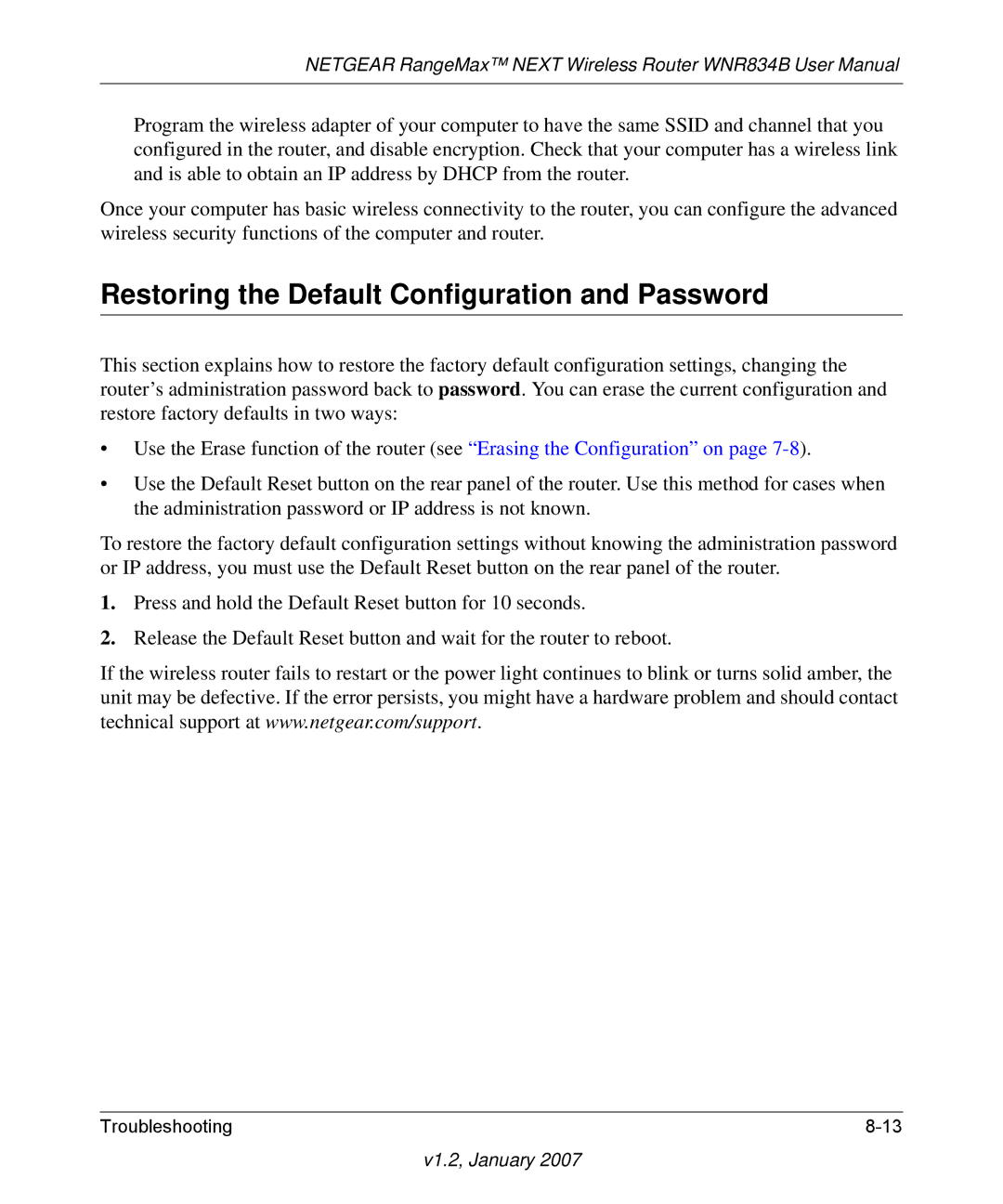 RadioLAN WNR834B user manual Restoring the Default Configuration and Password 