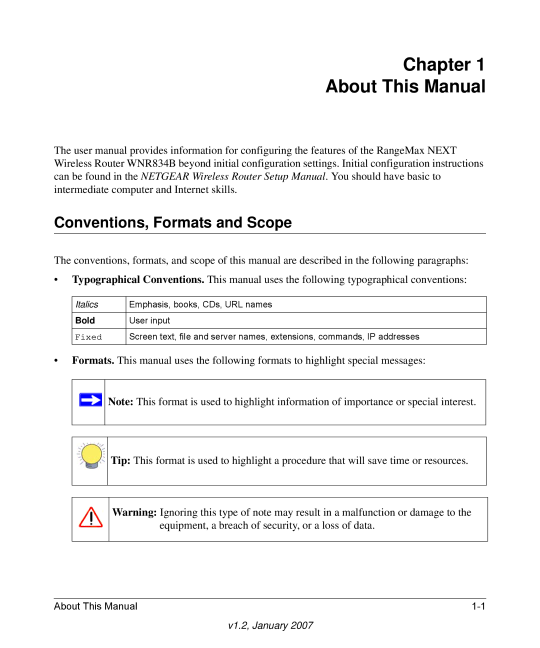 RadioLAN WNR834B user manual Chapter About This Manual, Conventions, Formats and Scope 