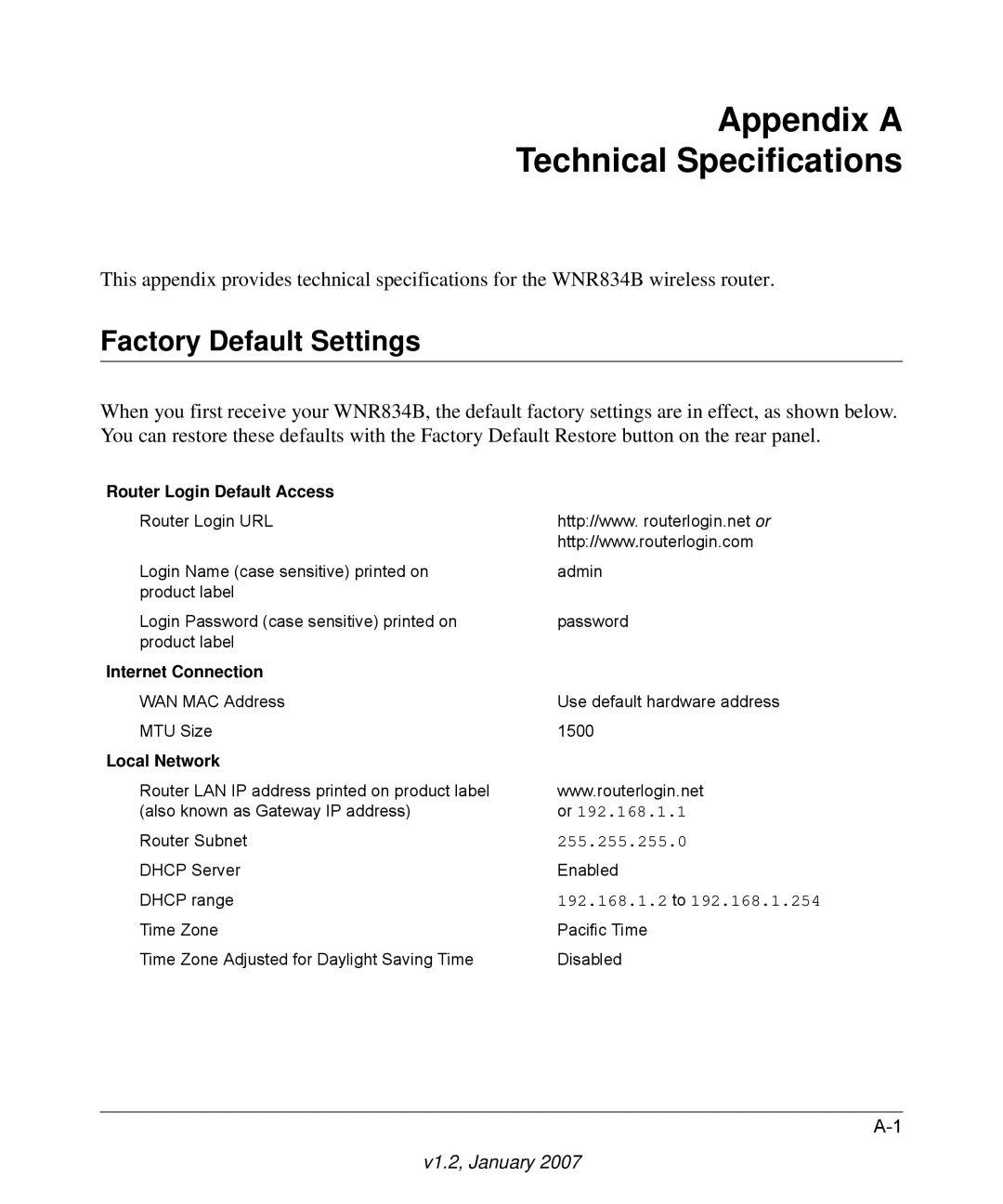 RadioLAN WNR834B user manual Appendix a Technical Specifications, Factory Default Settings 