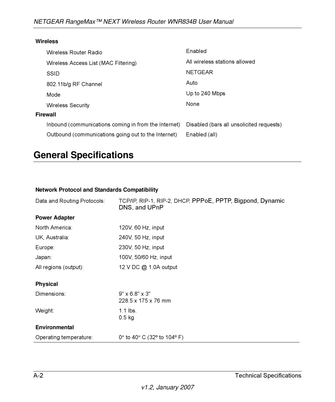 RadioLAN WNR834B user manual General Specifications, Wireless 