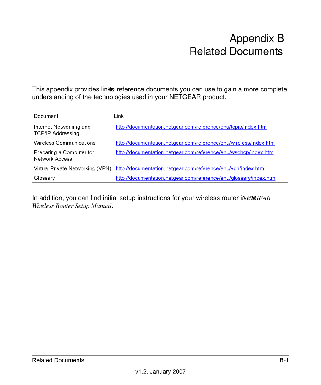 RadioLAN WNR834B user manual Appendix B Related Documents, Document Link 