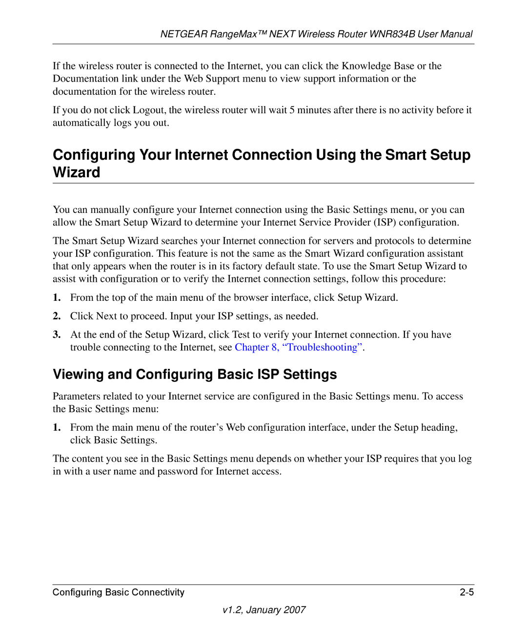 RadioLAN WNR834B user manual Viewing and Configuring Basic ISP Settings 