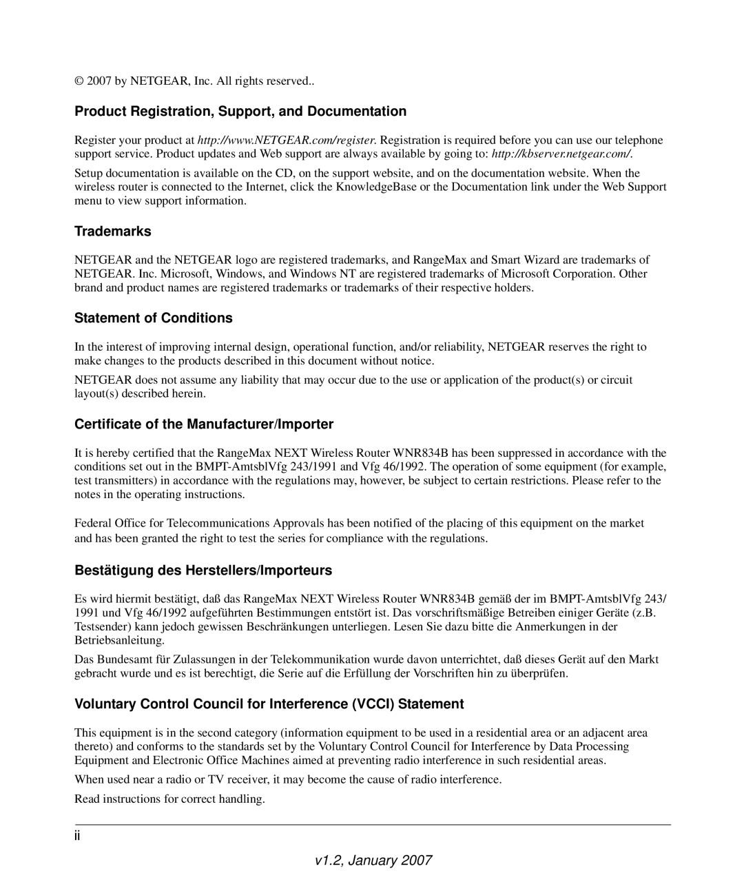 RadioLAN WNR834B user manual Product Registration, Support, and Documentation, Trademarks, Statement of Conditions 