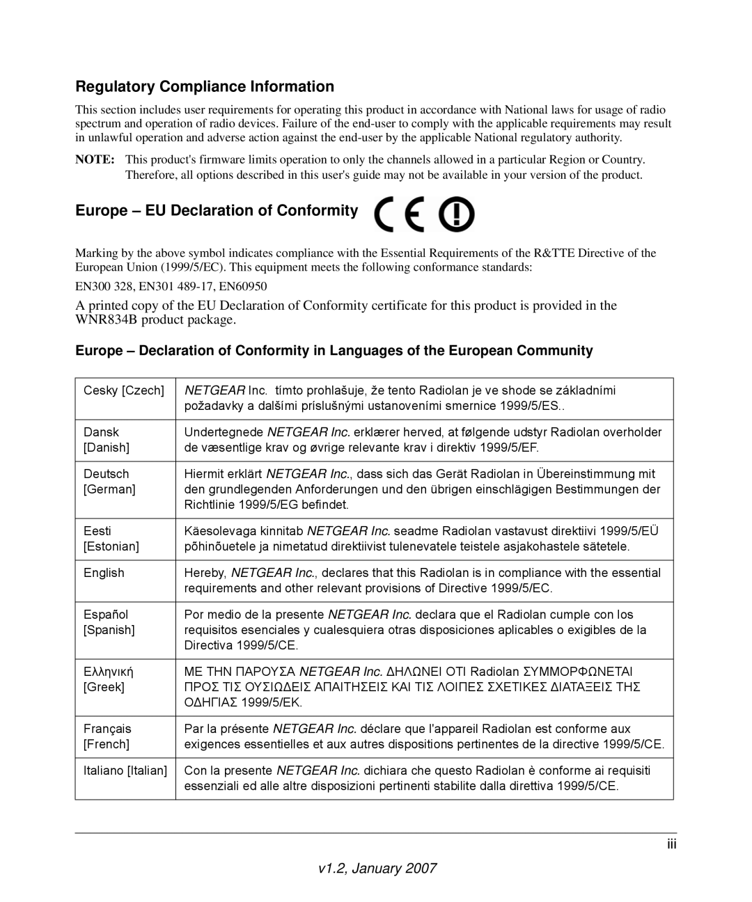 RadioLAN WNR834B user manual Regulatory Compliance Information, Europe EU Declaration of Conformity 