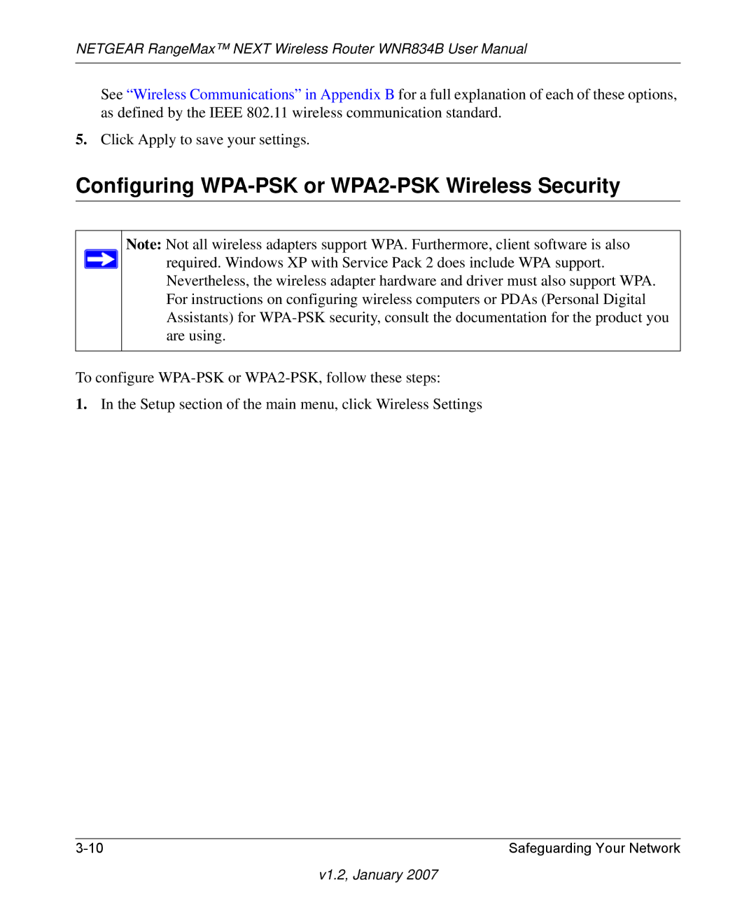 RadioLAN WNR834B user manual Configuring WPA-PSK or WPA2-PSK Wireless Security 