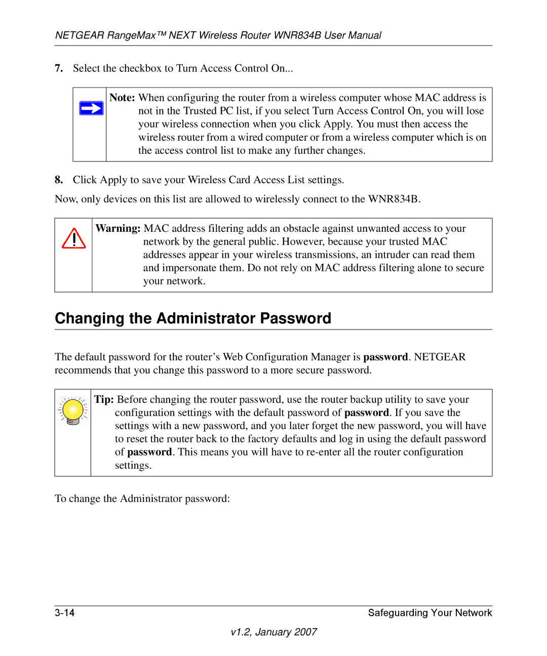 RadioLAN WNR834B user manual Changing the Administrator Password 