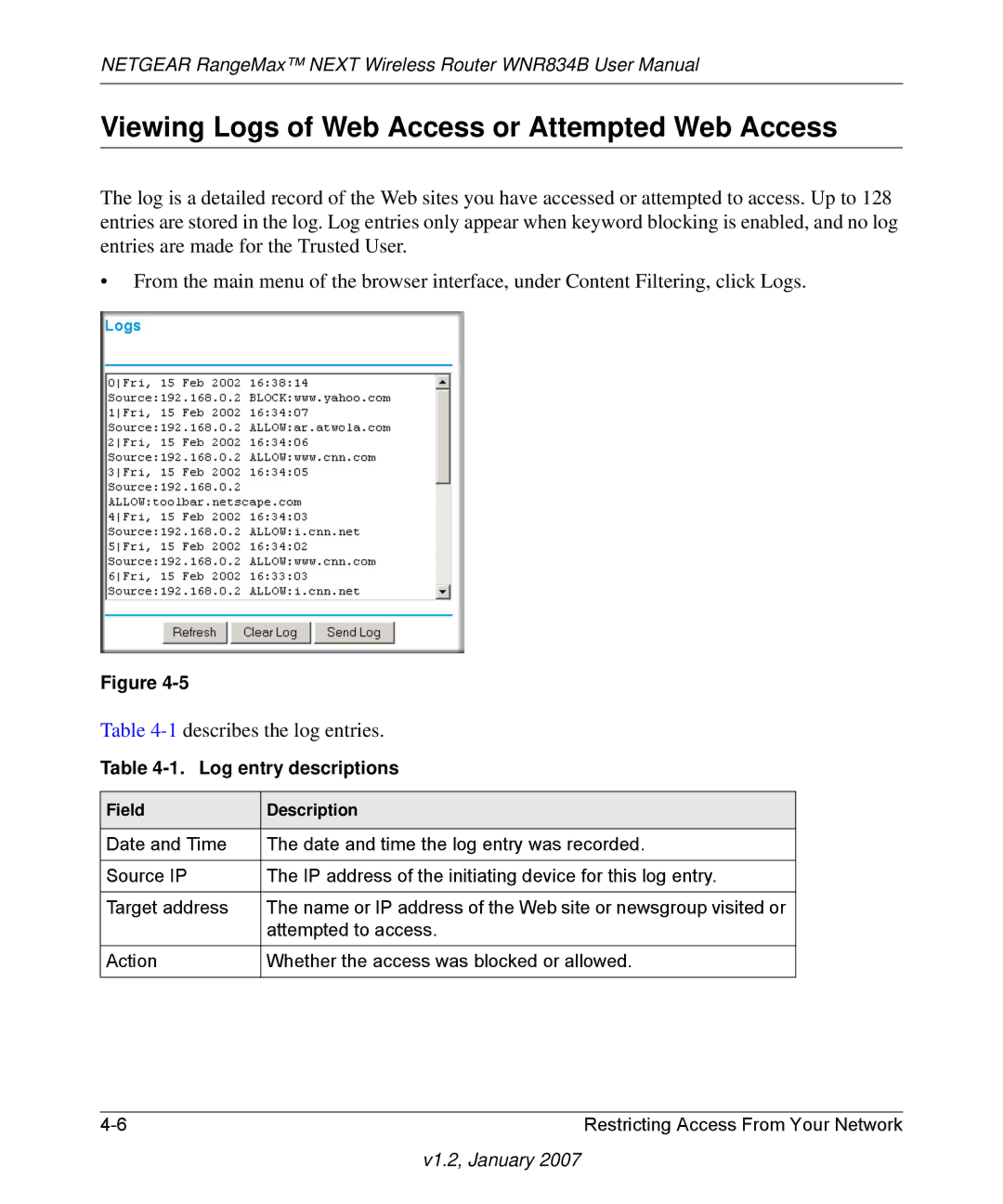 RadioLAN WNR834B user manual Viewing Logs of Web Access or Attempted Web Access, Log entry descriptions 